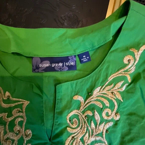 Susan Graver Style Green Cotton Embroidered Tunic Top Gold Beadwork Medium - Picture 7 of 10